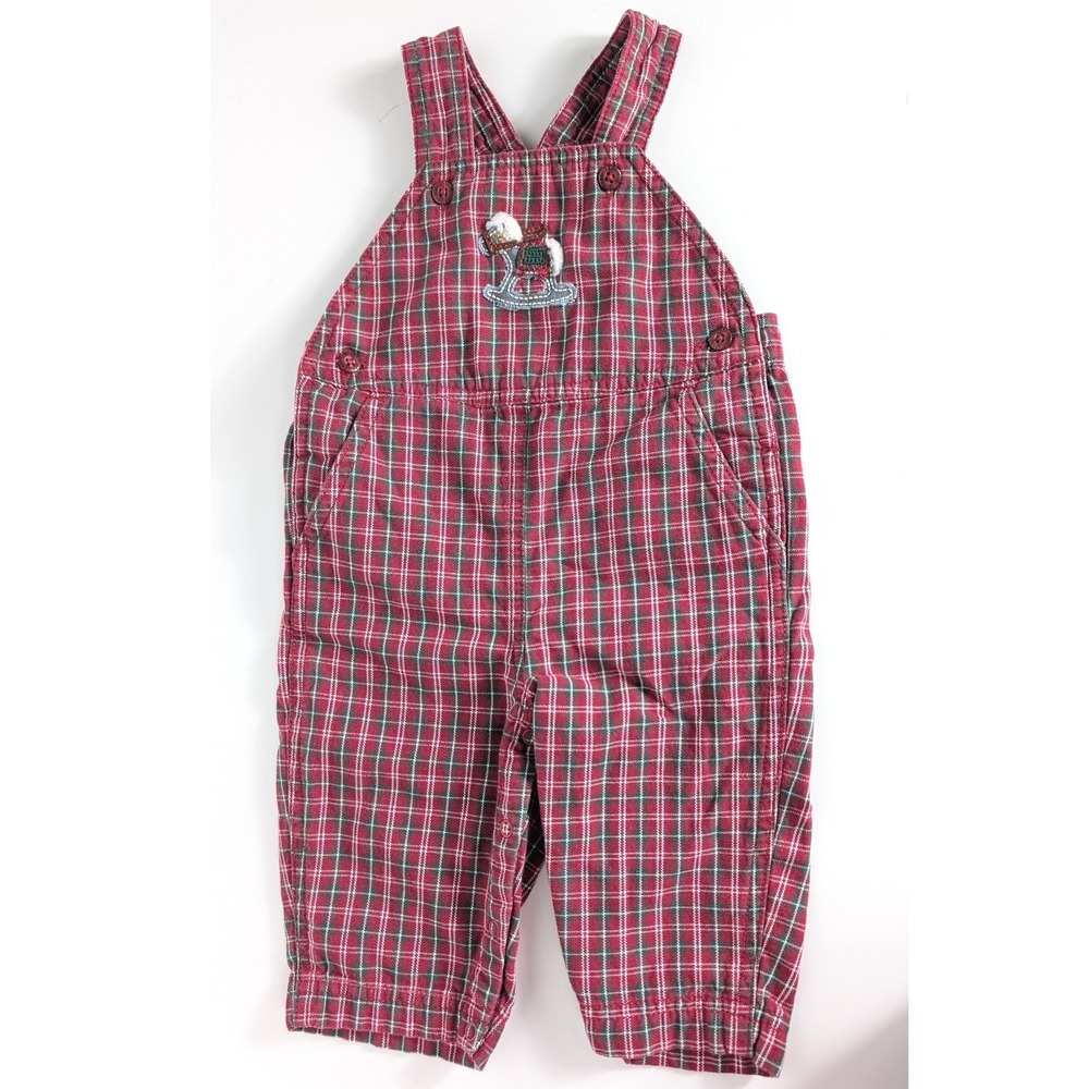 Vintage Gymboree Baby Boys 3-6 Months Red Plaid Rocking Horse‎ Overalls